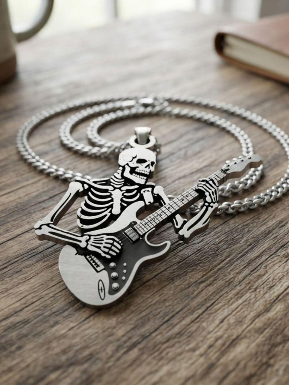 Mens rock skeleton guitar necklace